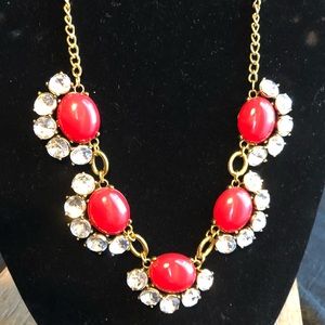 NWT Gold Tone Necklace with rhinestones, Red Resin stones & yellow crystals.